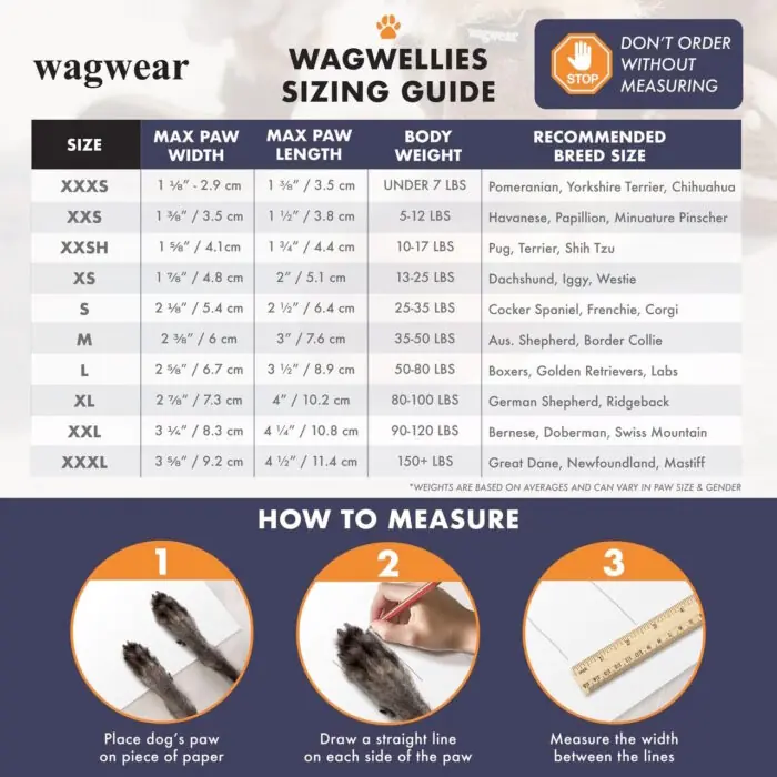 Wagwear wellies sizing chart